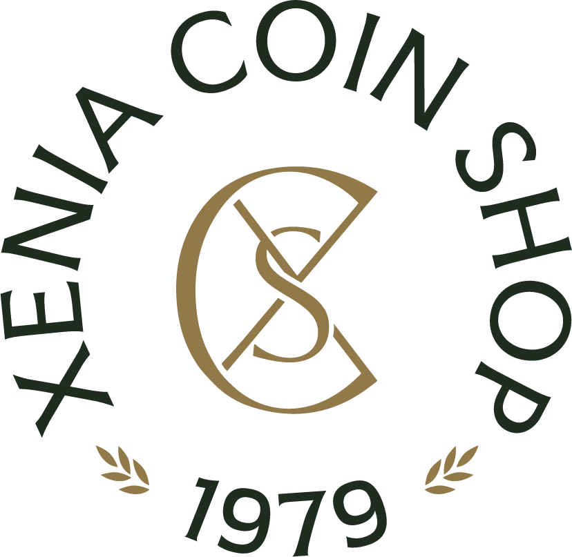 Logo of Xenia Coin Shop with a gold 'C' and text on a white background
