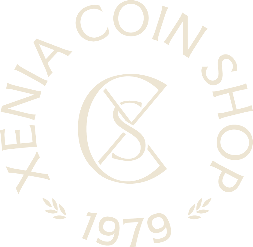 Logo of Xenia Coin Shop with a gold 'C' and text on a white background